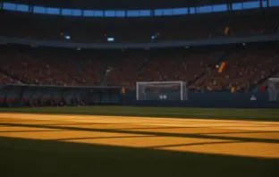 Floodlit stadium pitch at golden hour with packed stands and dramatic shadows, ready for international football match.