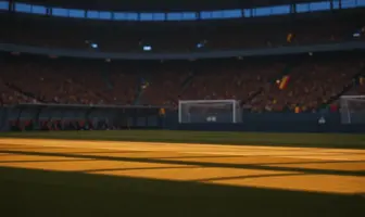 Floodlit stadium pitch at golden hour with packed stands and dramatic shadows, ready for international football match.