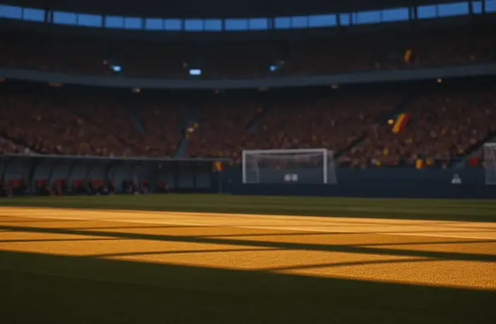 Floodlit stadium pitch at golden hour with packed stands and dramatic shadows, ready for international football match.