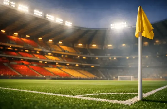 Empty floodlit stadium bowl with red and gold accent lighting, corner flag in foreground, evening atmosphere.