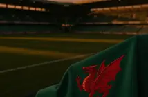 Wales national team coaching jacket with dragon emblem in stadium at dusk