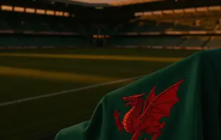 Wales national team coaching jacket with dragon emblem in stadium at dusk