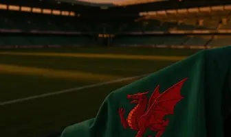 Wales national team coaching jacket with dragon emblem in stadium at dusk