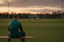 Lone footballer isolated from team training at dusk, symbolizing transfer uncertainty