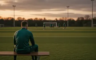 Lone footballer isolated from team training at dusk, symbolizing transfer uncertainty