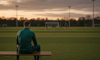 Lone footballer isolated from team training at dusk, symbolizing transfer uncertainty
