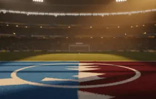Floodlit stadium pitch with blue-white geometric patterns, crowd silhouettes in stands, dramatic lighting and shadows at golden hour.