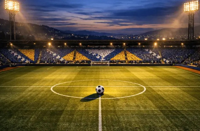 Floodlit stadium at dusk with centre spot football, blue and white flag-coloured stand sections, dramatic shadows.
