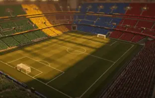 Floodlit stadium at golden hour with emerald-gold and blue-red national colour palettes illuminating packed stands, dramatic shadow patterns across empty pitch.
