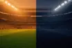 Floodlit stadium pitch at dusk with emerald and yellow left, navy and white right, packed stands silhouetted against golden-hour sky.