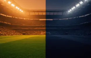 Floodlit stadium pitch at dusk with emerald and yellow left, navy and white right, packed stands silhouetted against golden-hour sky.