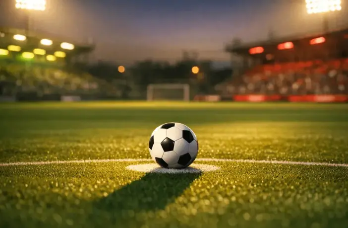 Empty floodlit stadium pitch at dusk, match ball on penalty spot, yellow and red stadium lighting, cinematic sports photography.