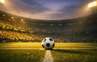 Floodlit stadium pitch at golden hour with Brazil's yellow and green crowd sections visible in stands; central focus on football at centre spot.