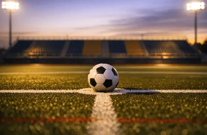 Empty floodlit football pitch at golden hour with ball on penalty spot, dramatic shadows, red-white and blue-gold colour tones.