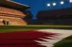 Floodlit stadium pitch with red-and-white turf markings at golden-hour, packed stands in atmospheric blur, dramatic stadium lighting.