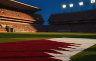 Floodlit stadium pitch with red-and-white turf markings at golden-hour, packed stands in atmospheric blur, dramatic stadium lighting.