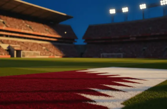 Floodlit stadium pitch with red-and-white turf markings at golden-hour, packed stands in atmospheric blur, dramatic stadium lighting.