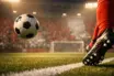 Floodlit stadium pitch with Canadian-coloured lighting, football boot in motion, ball suspended, dramatic shadows.
