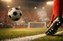 Floodlit stadium pitch with Canadian-coloured lighting, football boot in motion, ball suspended, dramatic shadows.
