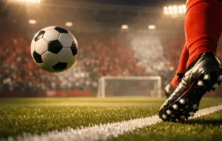 Floodlit stadium pitch with Canadian-coloured lighting, football boot in motion, ball suspended, dramatic shadows.