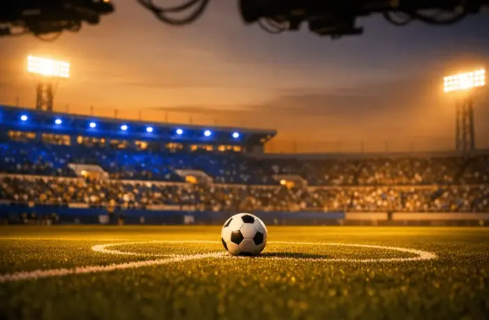 Floodlit football pitch at dusk with ball on centre spot, blue and white stadium lighting, low corner angle.