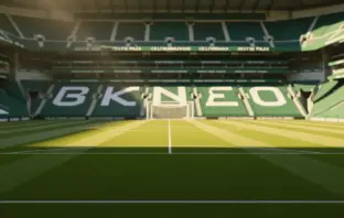 Celtic Park stadium interior showing pitch and stands in natural daylight