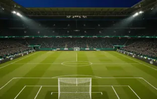 Celtic Park stadium under floodlights before a crucial Champions League qualifier match