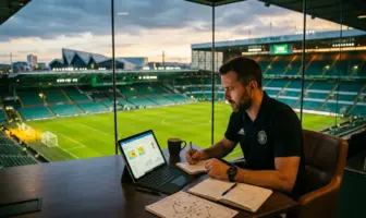 Football recruitment strategy scene overlooking stadium pitch at dusk with tactical planning materials
