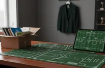 Football coaching desk with set-piece diagrams and tactical plans in Celtic green and white tones