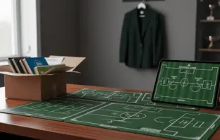 Football coaching desk with set-piece diagrams and tactical plans in Celtic green and white tones