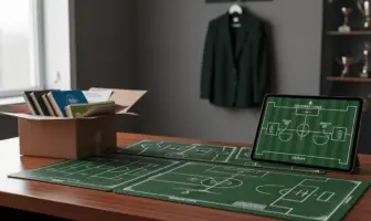 Football coaching desk with set-piece diagrams and tactical plans in Celtic green and white tones
