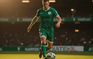 Celtic midfielder in green kit dribbling football on pitch under stadium lights