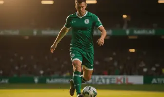 Celtic midfielder in green kit dribbling football on pitch under stadium lights