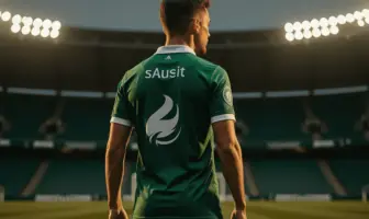 Celtic footballer in green hooped jersey standing in stadium with dramatic lighting
