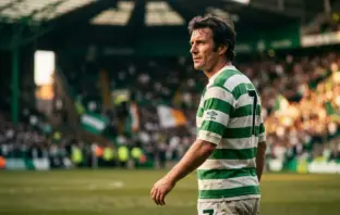 Celtic legend Kenny Dalglish in iconic green and white hooped jersey, dignified portrait