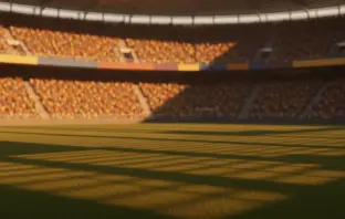 Floodlit stadium pitch at dusk with packed stands and dramatic shadow patterns, golden-hour lighting.