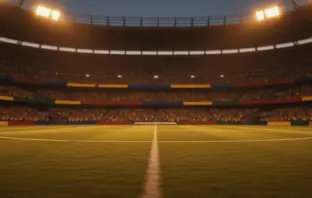 Empty floodlit stadium pitch at dusk with packed stands, golden and blue lighting, no players.