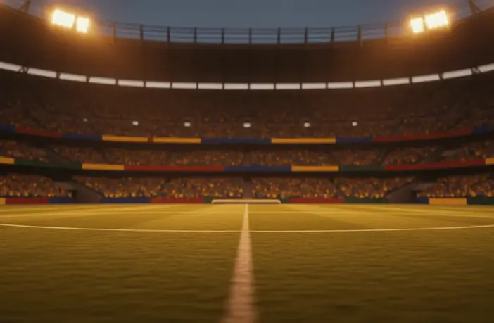Empty floodlit stadium pitch at dusk with packed stands, golden and blue lighting, no players.