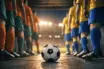 Players in orange-green and yellow-blue kits await pitch entry from a shadowed tunnel, match ball in foreground, floodlit stadium beyond.