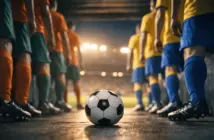 Players in orange-green and yellow-blue kits await pitch entry from a shadowed tunnel, match ball in foreground, floodlit stadium beyond.