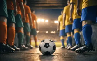 Players in orange-green and yellow-blue kits await pitch entry from a shadowed tunnel, match ball in foreground, floodlit stadium beyond.