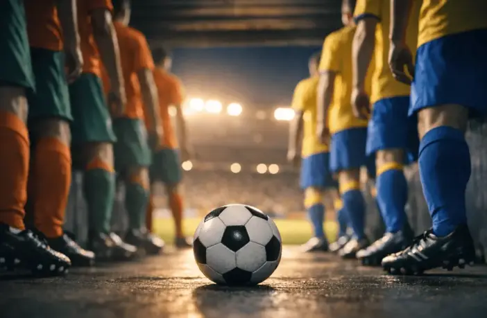 Players in orange-green and yellow-blue kits await pitch entry from a shadowed tunnel, match ball in foreground, floodlit stadium beyond.
