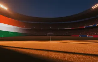 Floodlit stadium at sunset with packed stands, golden-hour pitch lighting, and dramatic shadows during World Cup knockout match.