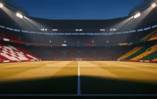 Floodlit stadium at dusk with Croatian red-white and Ghanaian gold-red-green flag colours illuminating packed stands above empty pitch.