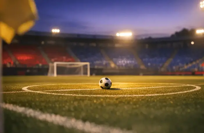 Empty floodlit stadium pitch with centre circle ball, blue and red atmospheric lighting, dusk lighting.