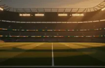 Floodlit football stadium at dusk with packed stands and dramatic pitch lighting, cinematic match atmosphere.