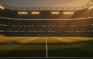Floodlit football stadium at dusk with packed stands and dramatic pitch lighting, cinematic match atmosphere.