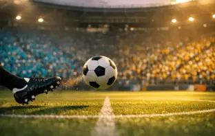 Floodlit stadium with turquoise and yellow-clad supporters; football mid-flight in dramatic golden-hour light.