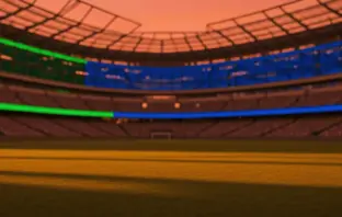 Empty floodlit stadium at dusk with Czech blue and Mexican green accent lighting, cinematic shadows across pitch.