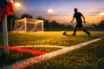 Floodlit football pitch at dusk with red-and-white accent lighting, lone player in motion with ball, goal net in soft focus.